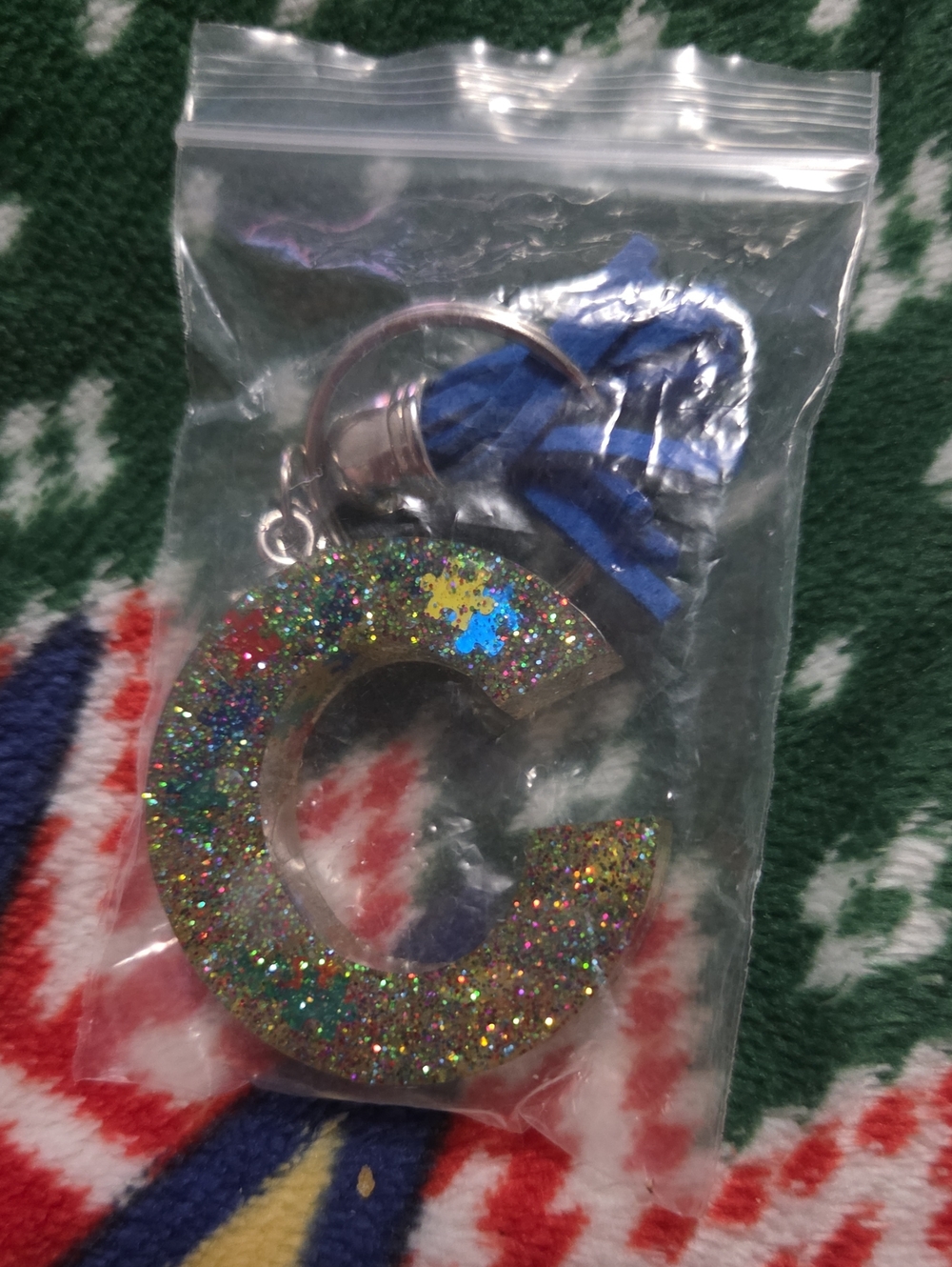 Glitter Resin Letter C Key & Card Holder with Blue Tassel